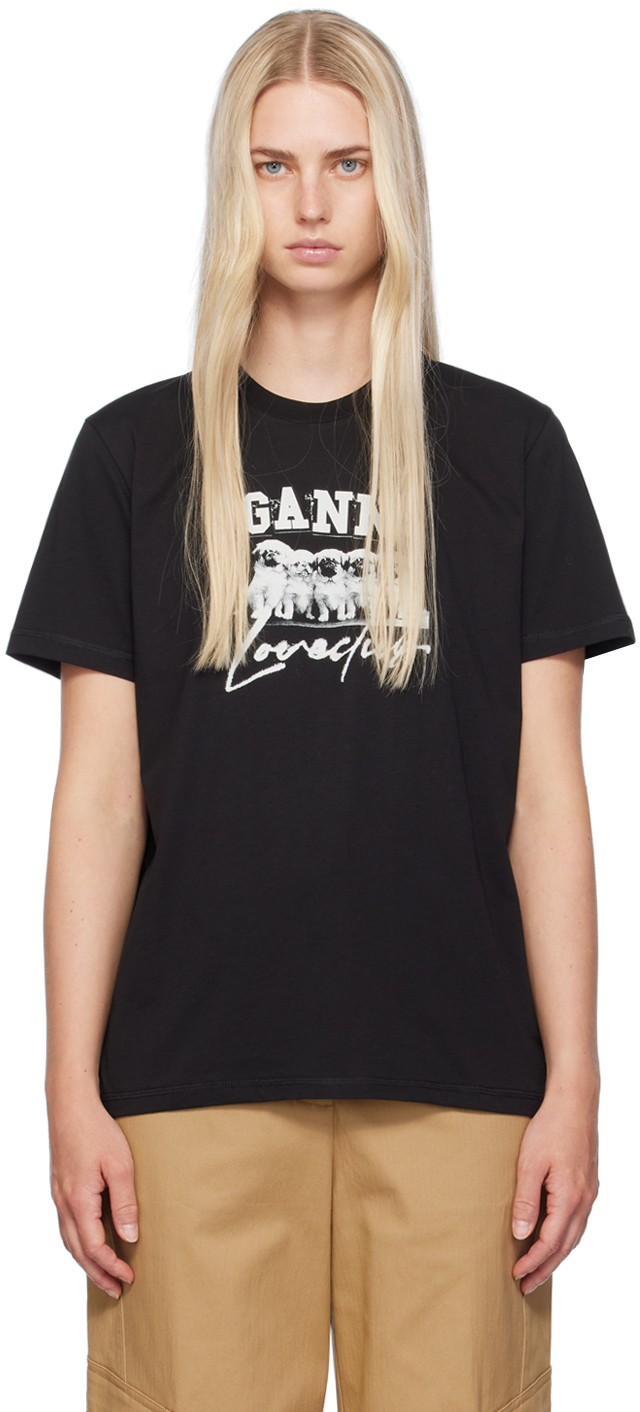 Shop Ganni Black Puppy Love T-shirt In 099 Black