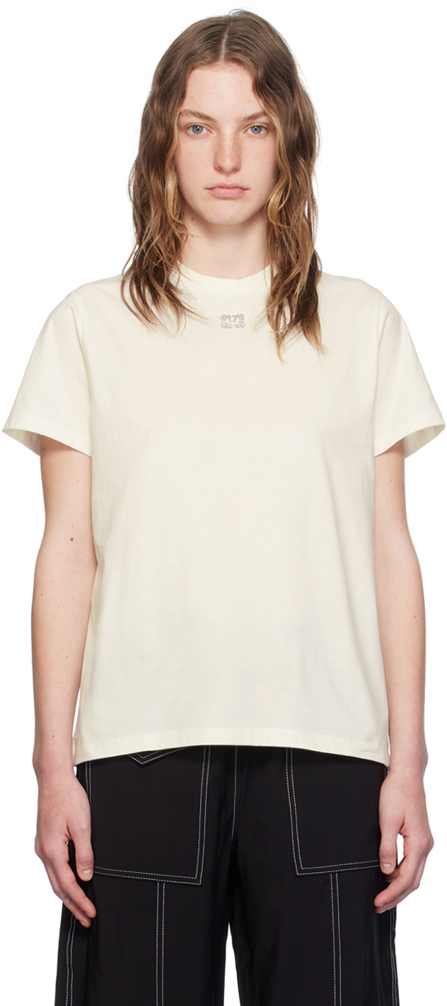 Shop Ganni Off-white Rhinestone T-shirt In 135 Egret