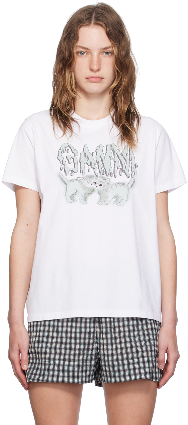 Shop Ganni White Love Cats T-shirt In 151 Bright White