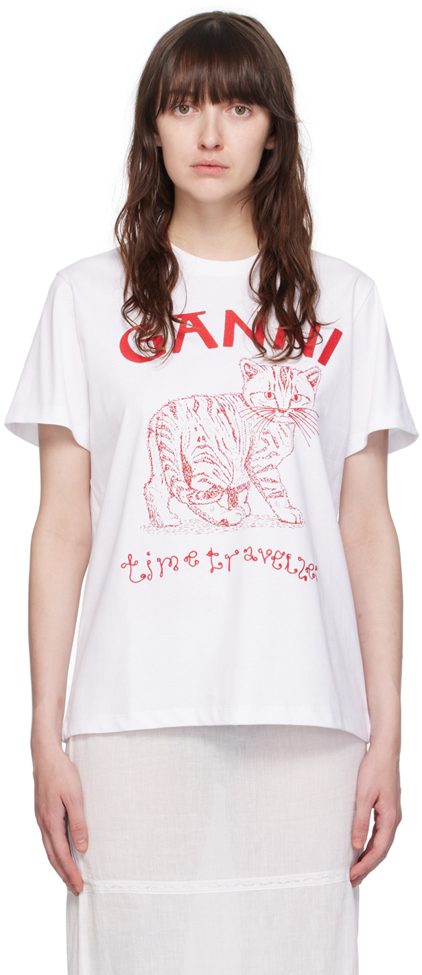 Shop Ganni White Embroidered T-shirt In 151 Bright White