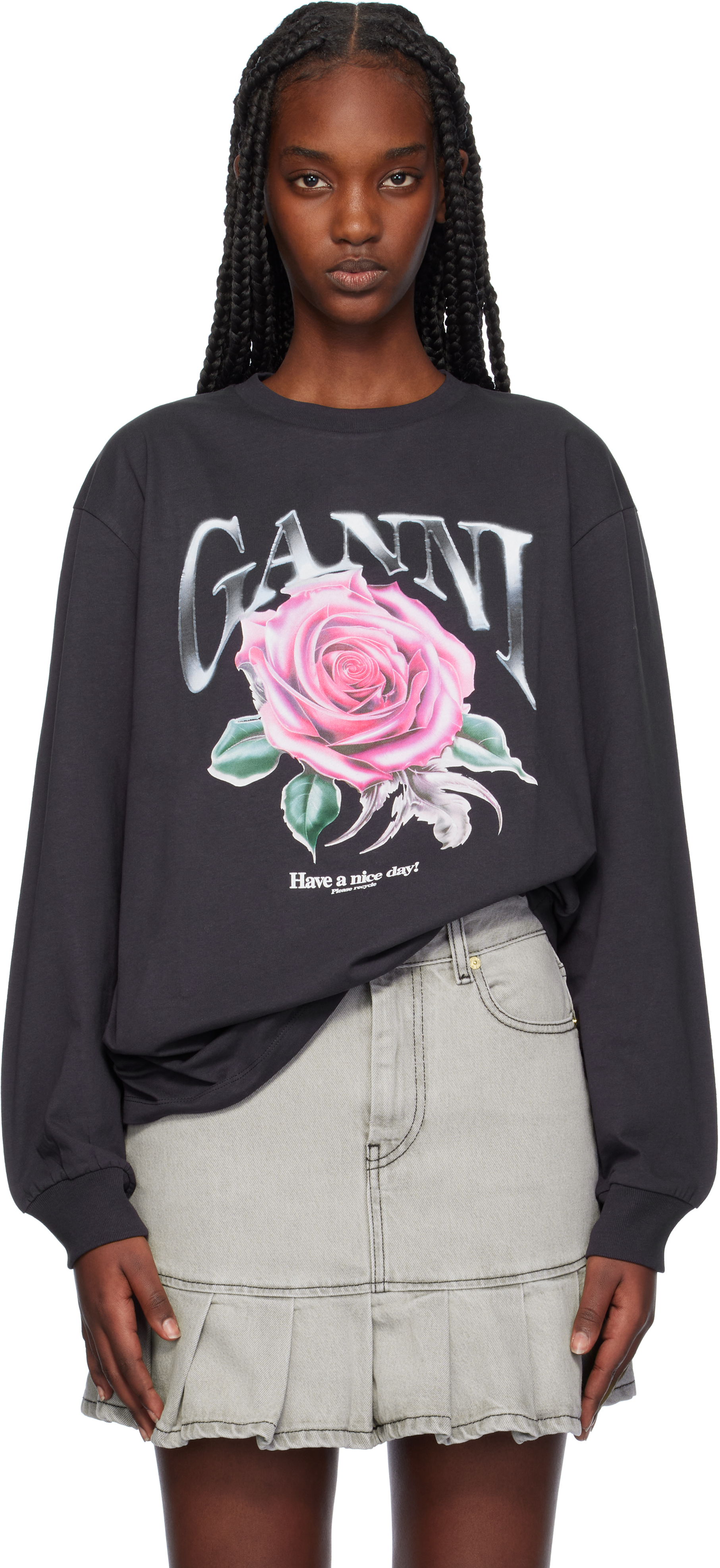 Black Basic Jersey Rose Relaxed T-shirt by GANNI on Sale