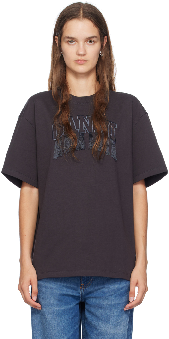 Shop Ganni Black Heavy Cotton Fringed T-shirt In 252 Phantom