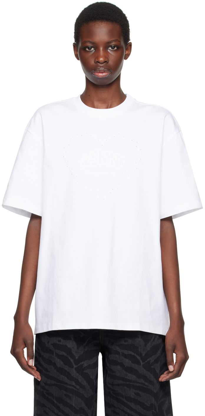 Shop Ganni White Heart T-shirt In 151 Bright White