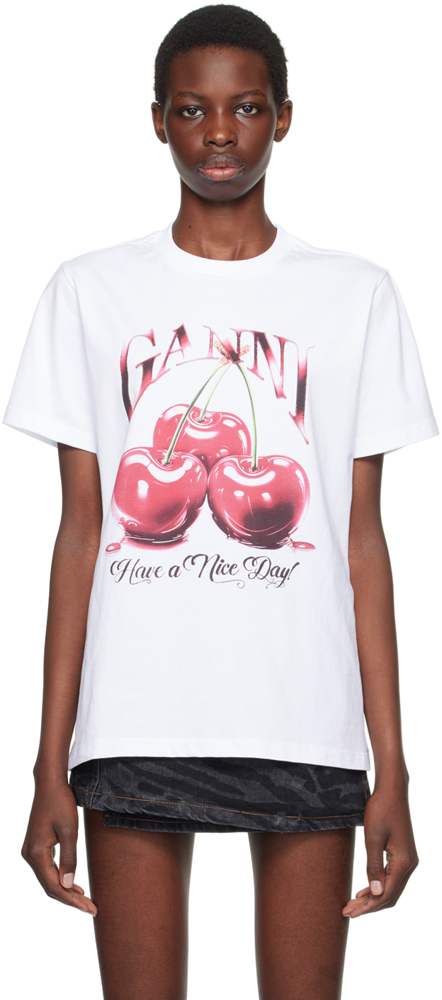 Shop Ganni White Cherry T-shirt In 151 Bright White