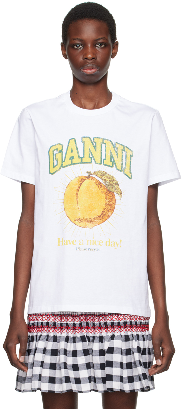 Shop Ganni White Peach T-shirt In 151 Bright White