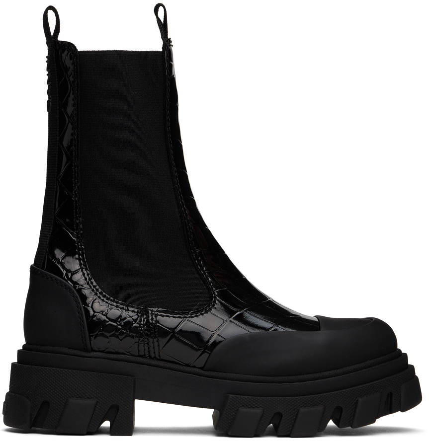 Shop Ganni Black Cleated Mid Chelsea Boots In 099 Black