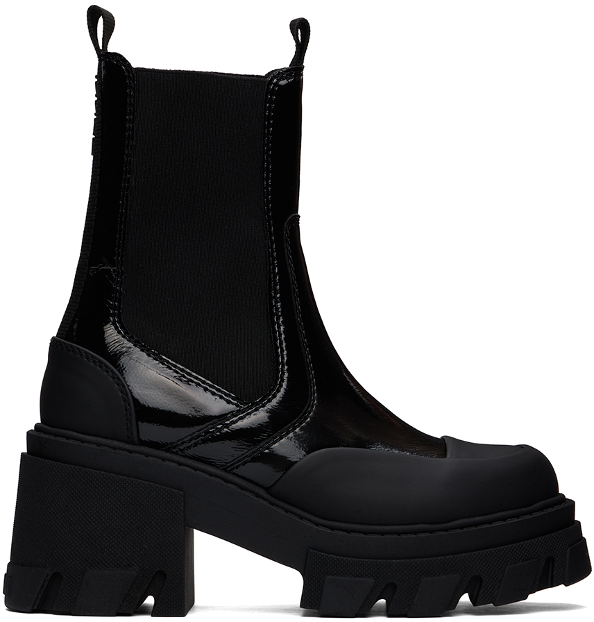 Shop Ganni Black Cleated Heeled Mid Chelsea Boots In 099 Black