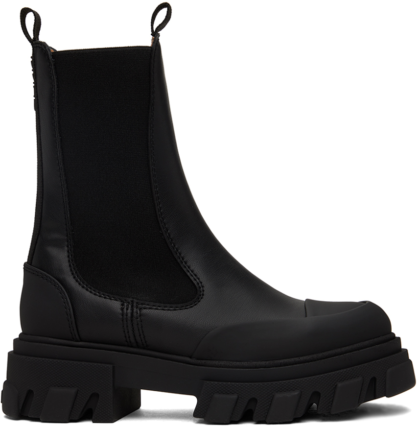 Shop Ganni Black Stitch Cleated Mid Chelsea Boots In 099 Black