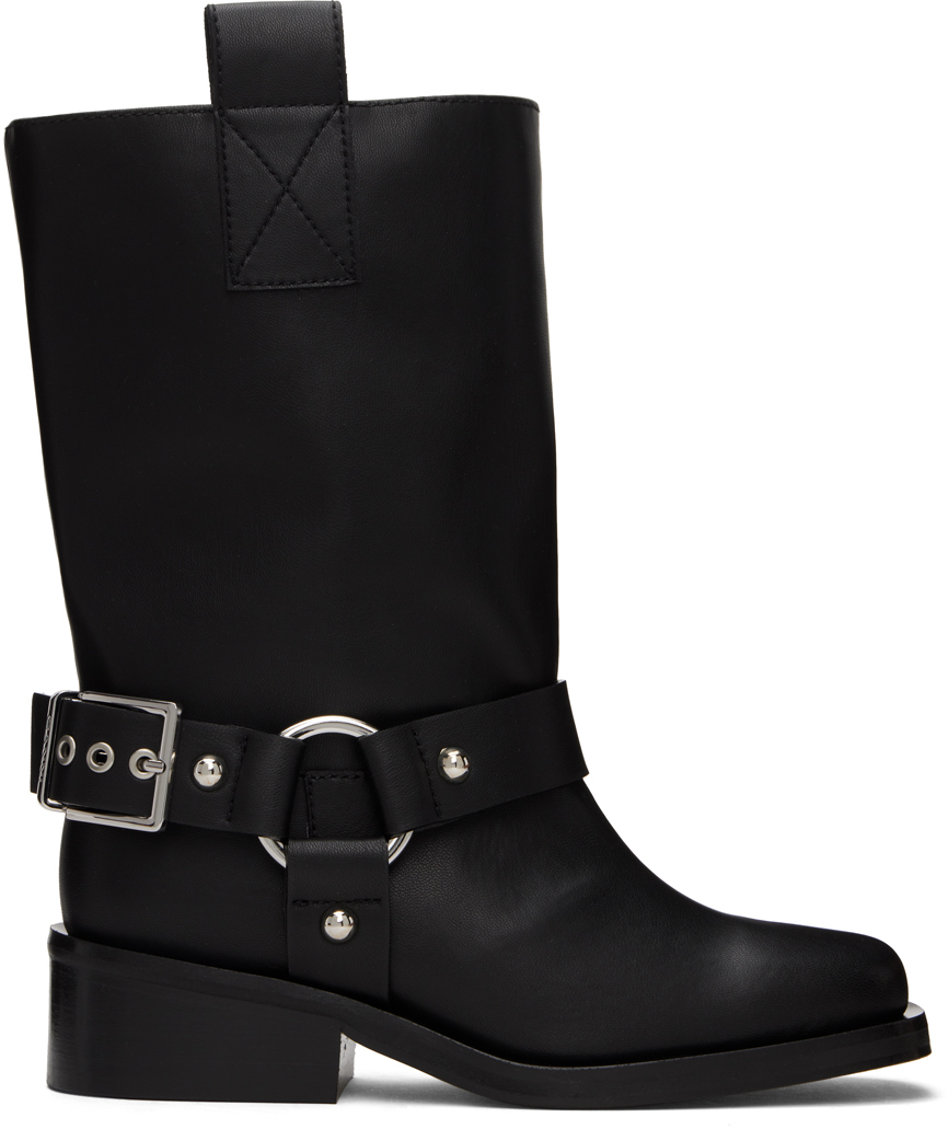 Shop Ganni Black Mid Shaft Biker Boots In 099 Black