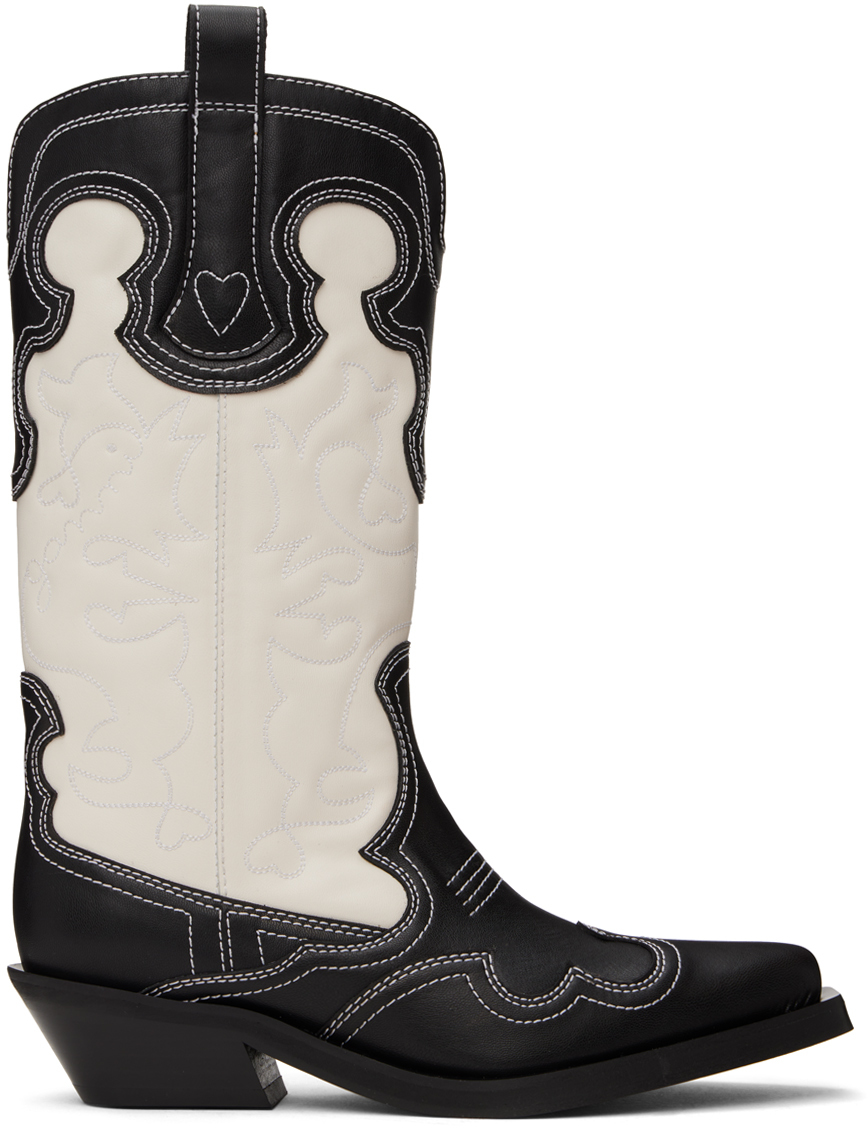 GANNI BLACK & WHITE MID SHAFT EMBROIDERED WESTERN BOOTS 