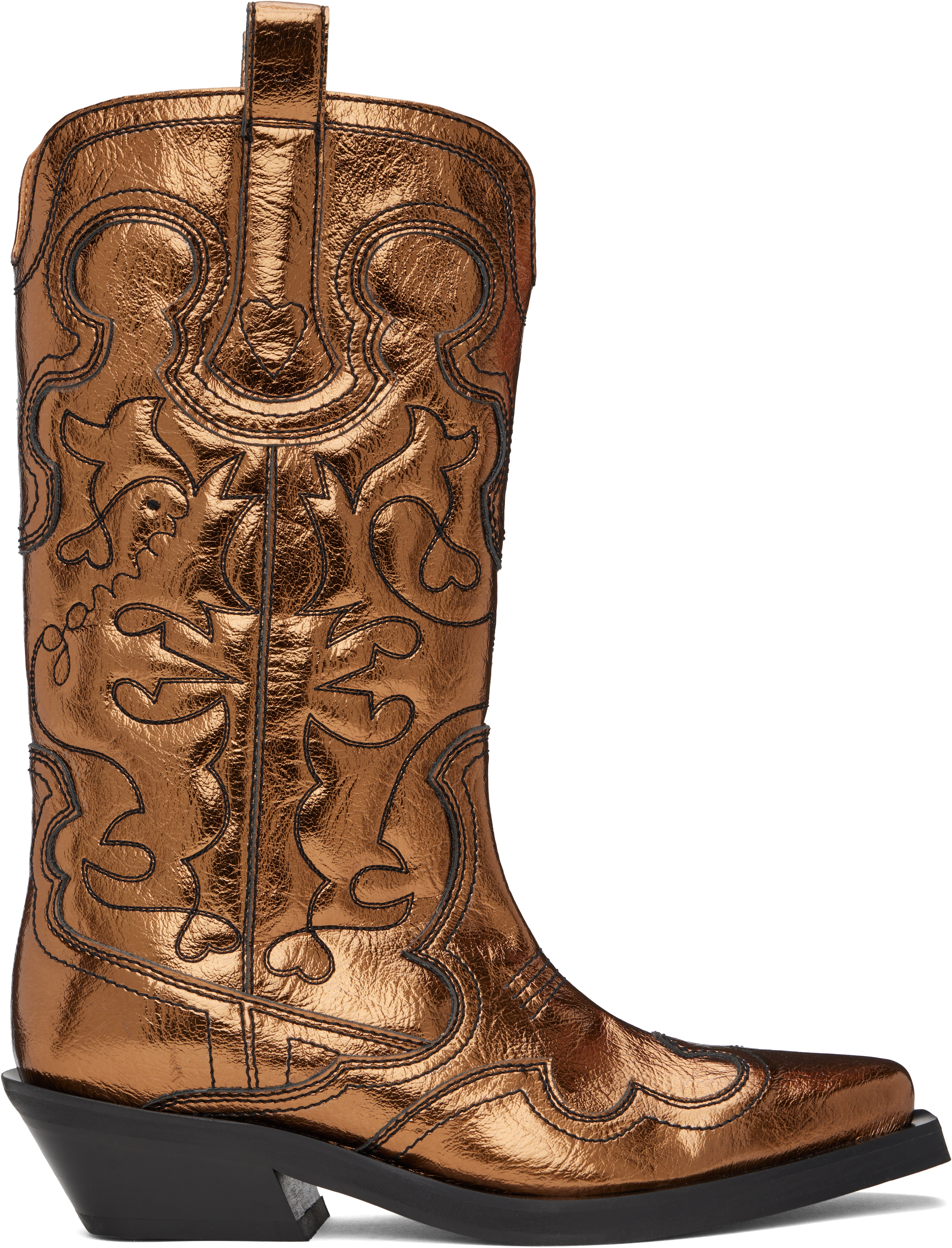 Shop Ganni Gold Mid Shaft Embroidered Western Boots In 046 Bronze