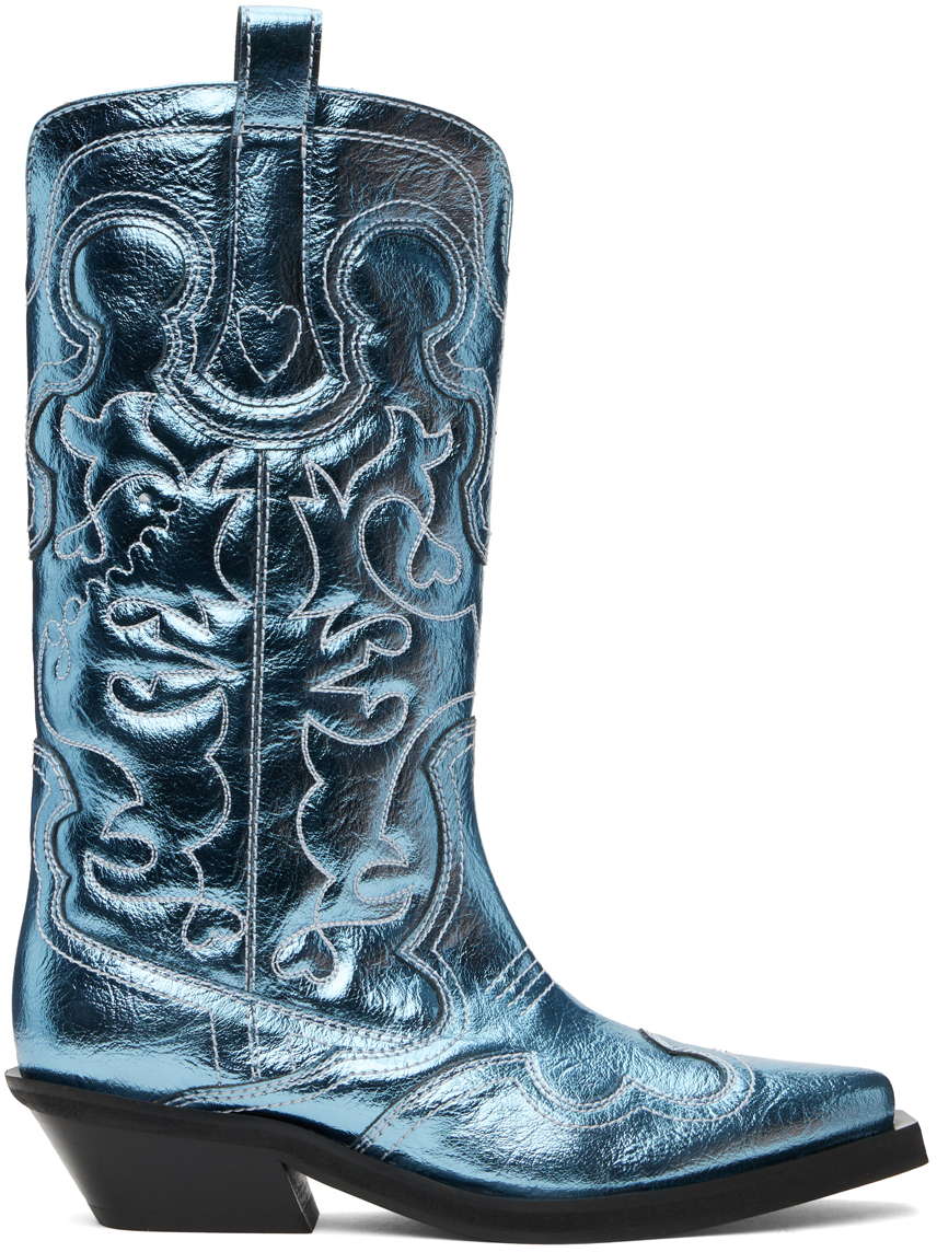 Shop Ganni Blue Metallic Mid Shaft Embroidered Western Boots In 803 Blue Curacao