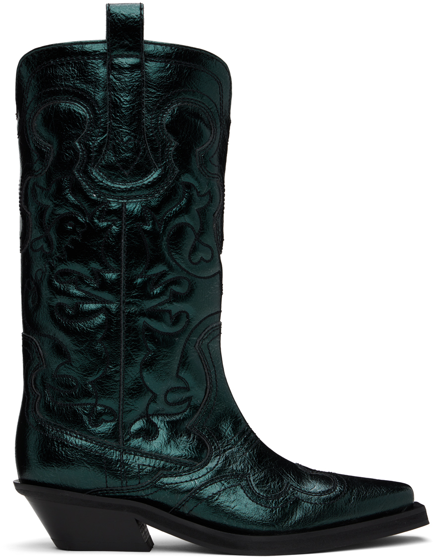 Green Metallic Mid Shaft Embroidered Western Boots
