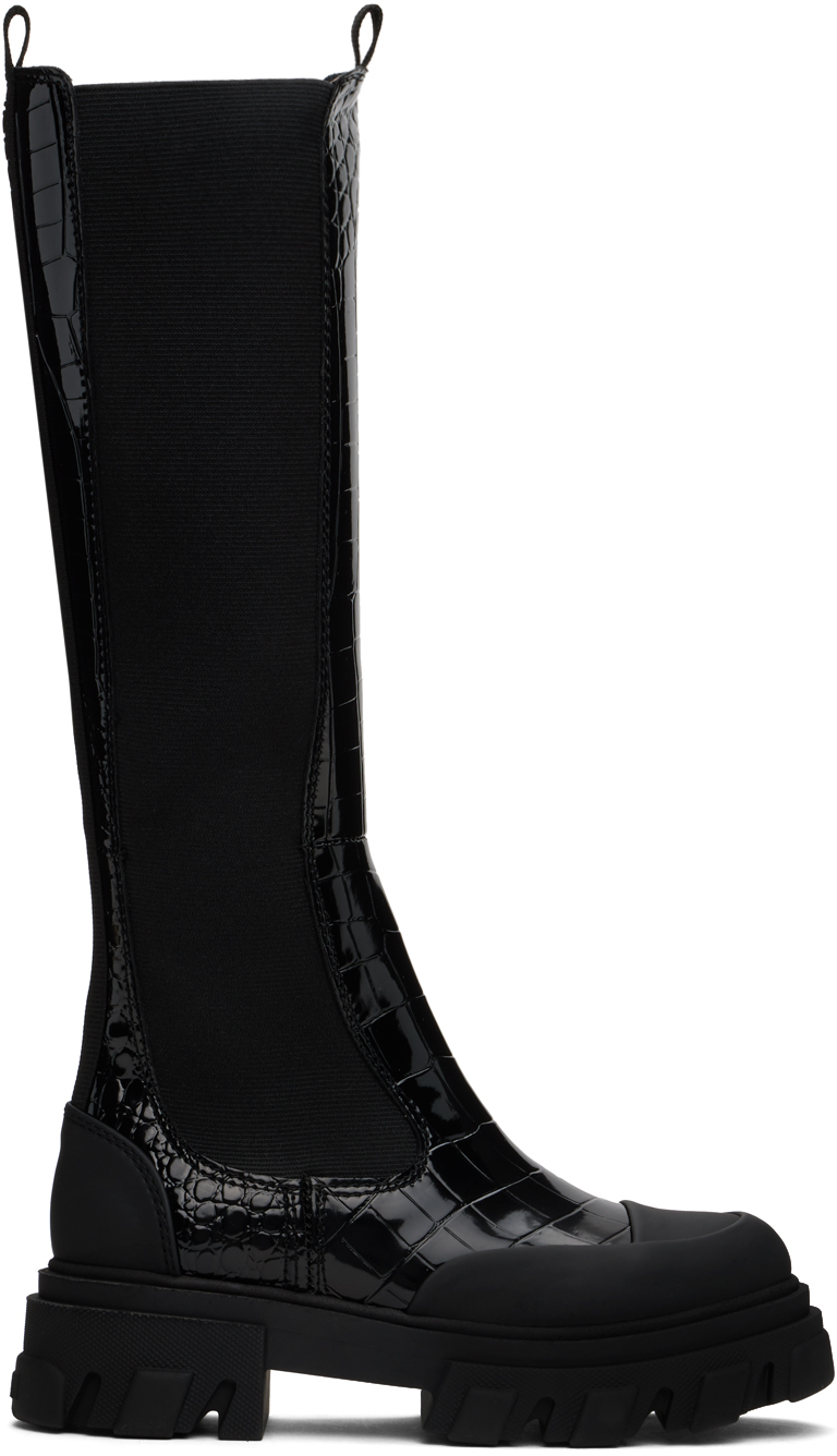 Shop Ganni Black Cleated High Chelsea Tall Boots In 099 Black