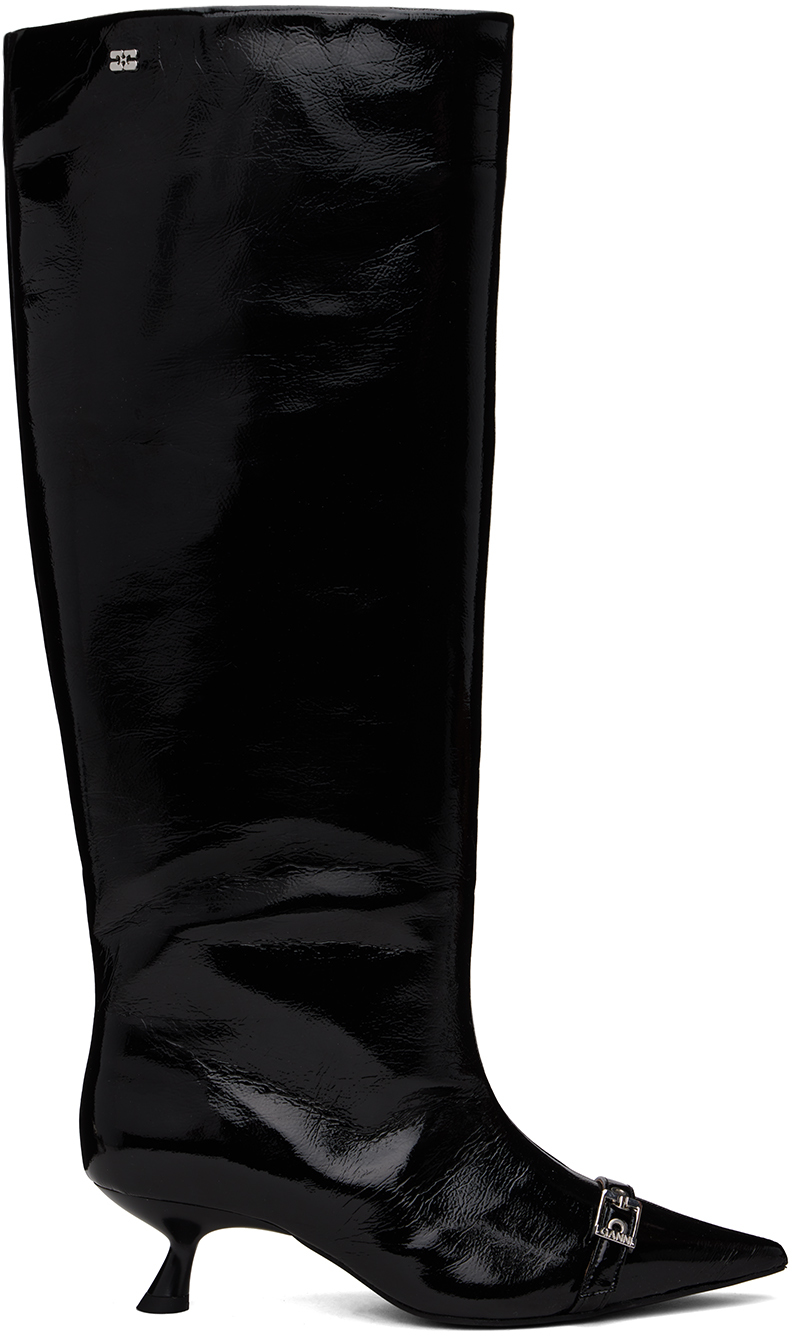 Shop Ganni Black Eyelets Slouchy High Shaft Boots In 099 Black