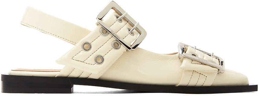 White Wide Welt Buckle Ballerina Flats