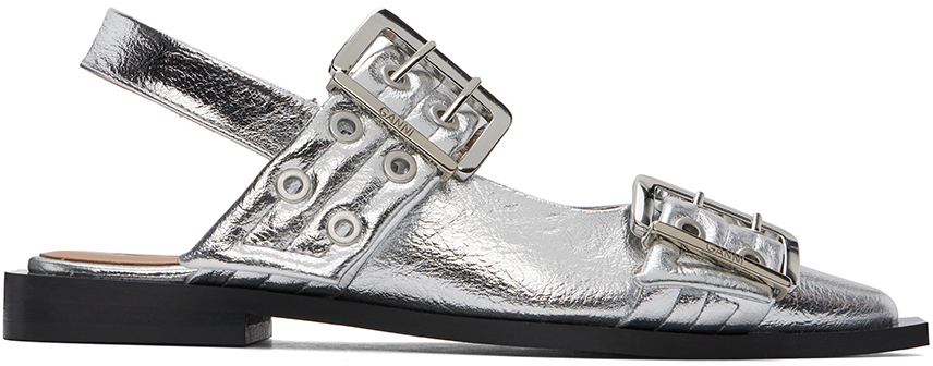 Shop Ganni Silver Feminine Buckle Ballerina Flats In 018 Silver