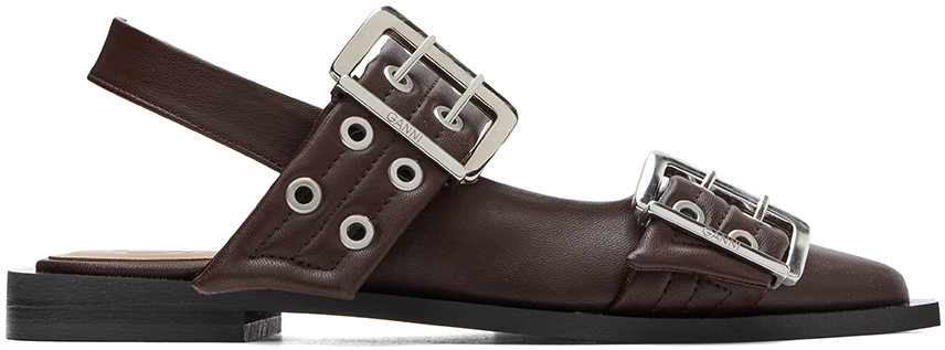 Shop Ganni Brown Feminine Buckle Ballerina Flats In 890 Chocolate Fondan