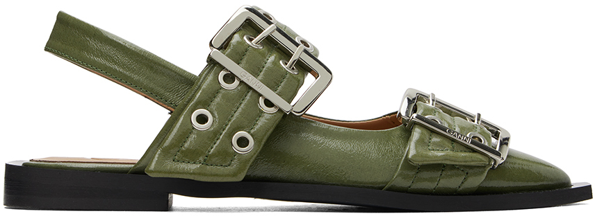 Shop Ganni Khaki Feminine Buckle Ballerina Flats In 861 Kalamata