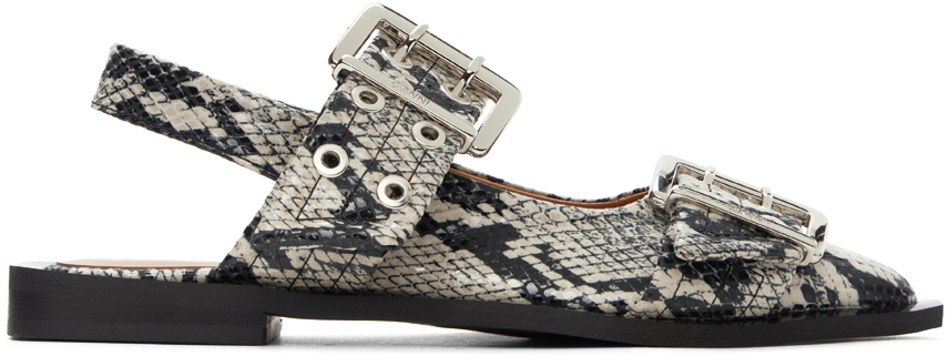 Beige & Black Snake Printed Chunky Buckle Ballerina Flats
