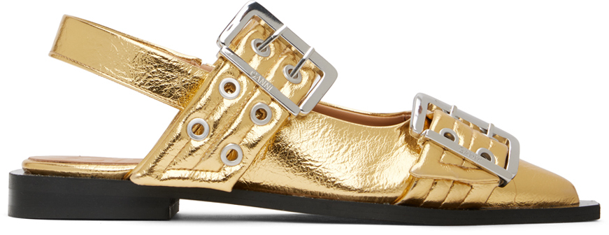 Shop Ganni Gold Feminine Buckle Ballerina Flats In 339 Gold