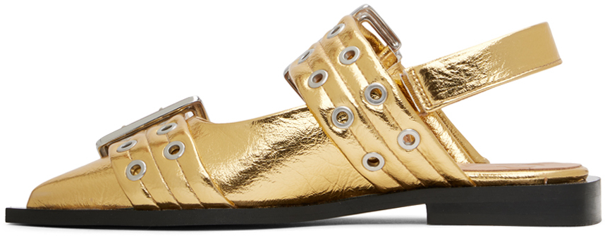 Shop Ganni Gold Feminine Buckle Ballerina Flats In 339 Gold