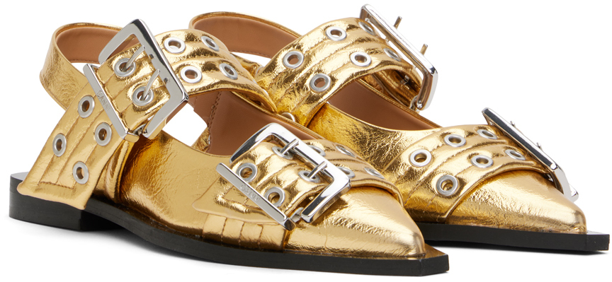 Shop Ganni Gold Feminine Buckle Ballerina Flats In 339 Gold