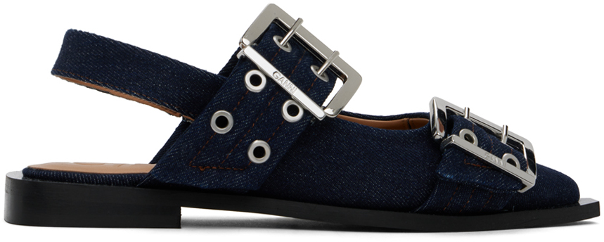 Shop Ganni Navy Denim Buckle Ballerina Flats In 642 Dark Navy