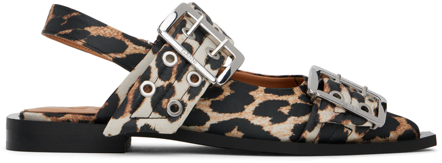 Shop Ganni Beige & Black Leopard Satin Buckle Ballerina Flats In 943 Leopard