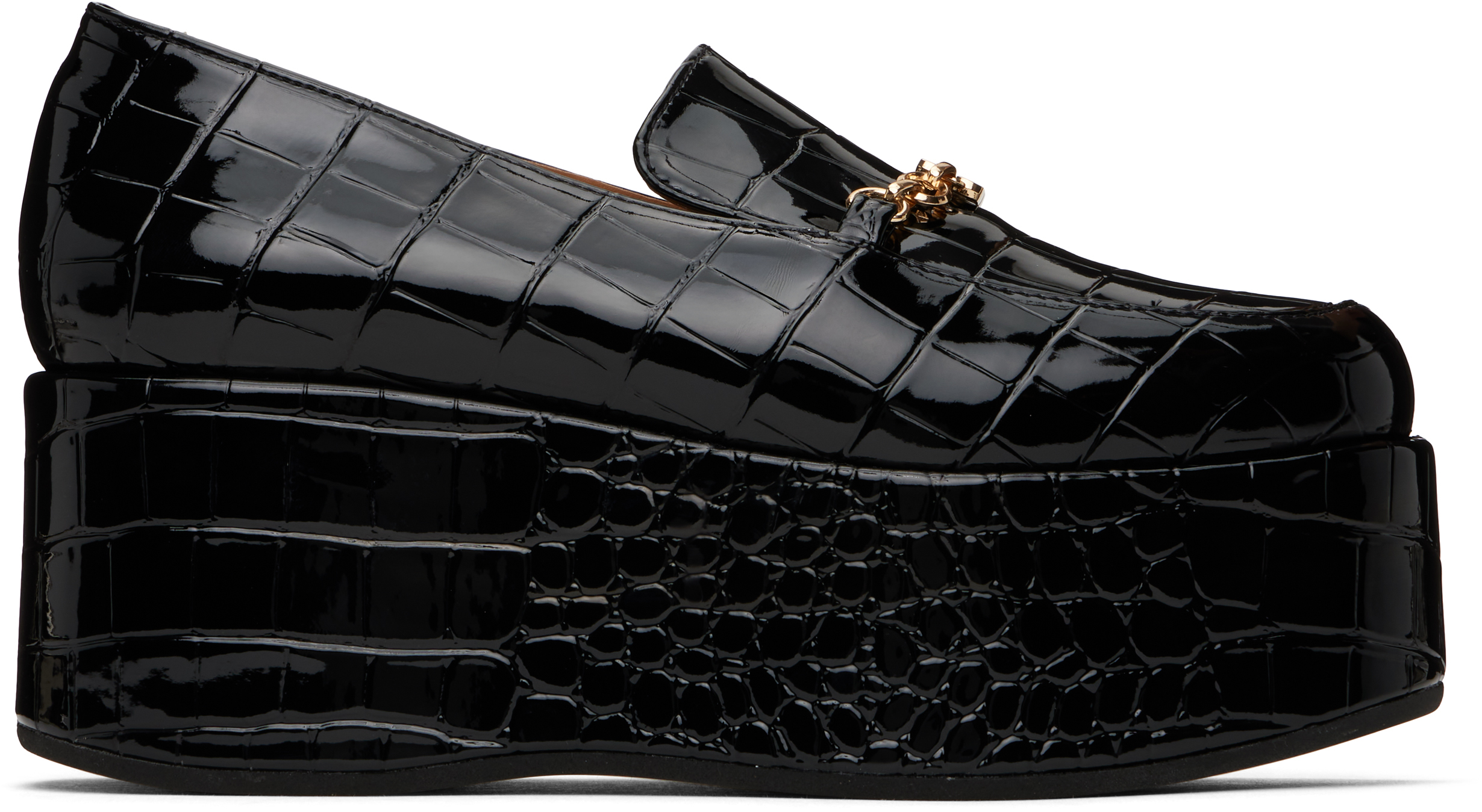 Black Patent Croco Butterfly Chain Platform Loafers