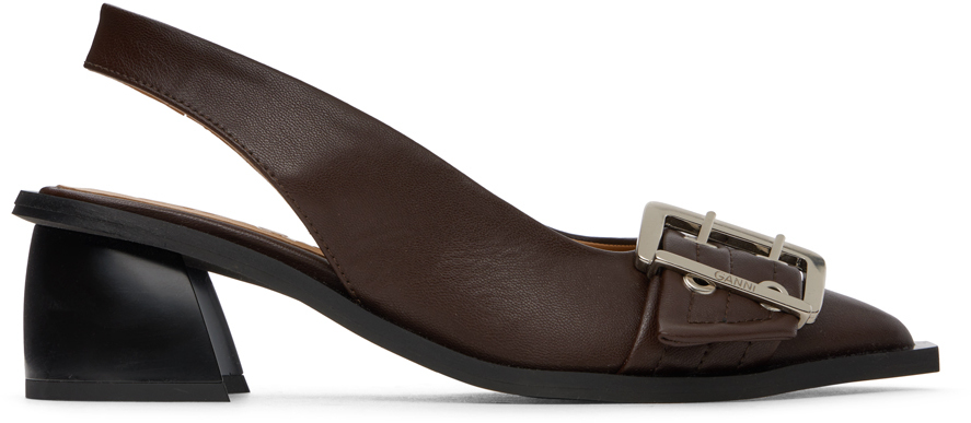 Shop Ganni Brown Feminine Buckle Slingback Heels In 890 Chocolate Fondan