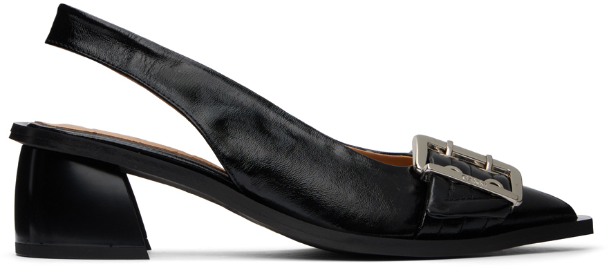 Shop Ganni Black Feminine Buckle Slingback Heels In 099 Black