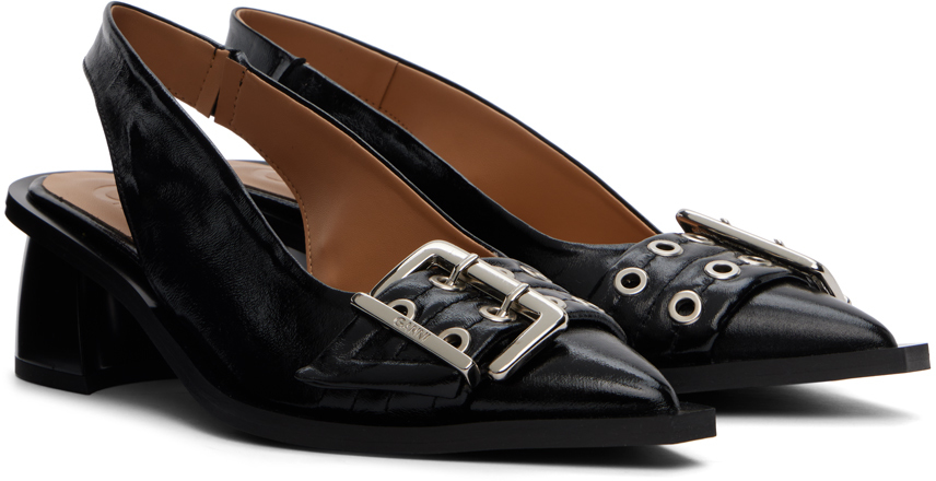 Ganni Feminine Buckle Slingback Pumps In 099 Black