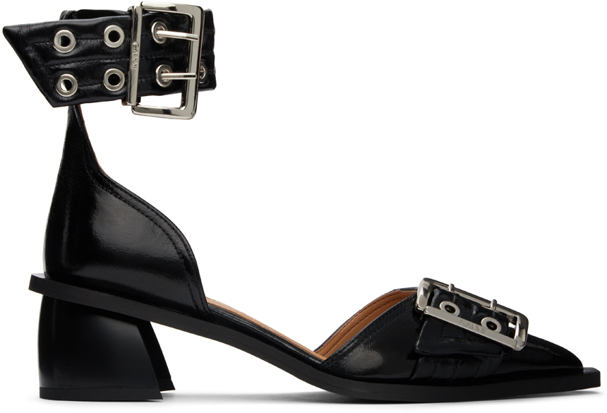 Shop Ganni Black Chunky Buckle Open Cut Heels In 099 Black