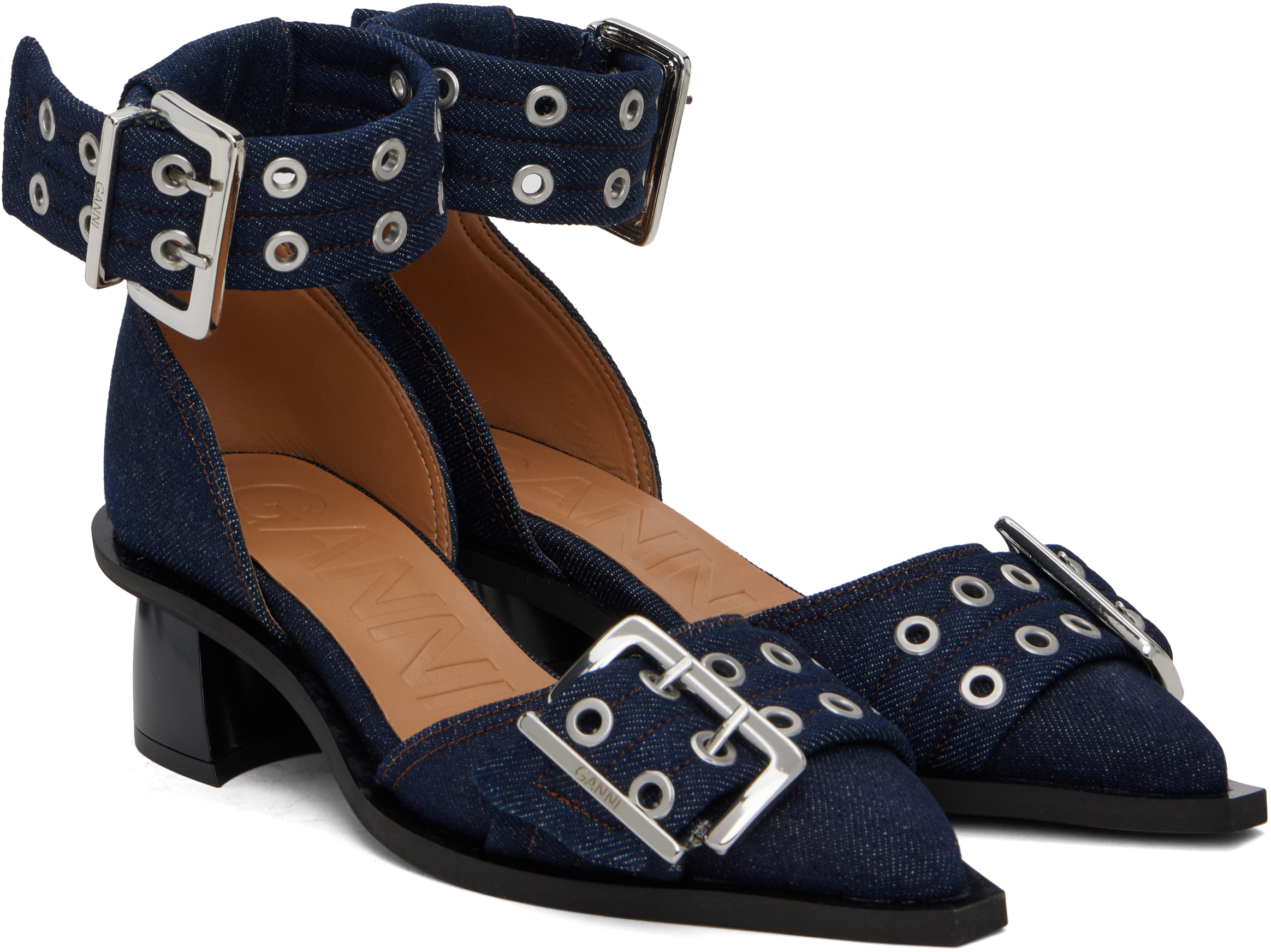 Ganni Navy Feminine Buckle Open Cut Heels In 642 Dark Navy