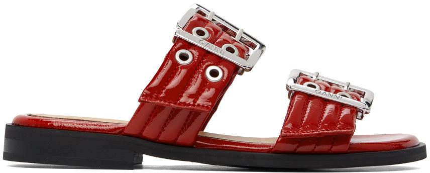 Red Feminine Buckle Two-Strap Sandals