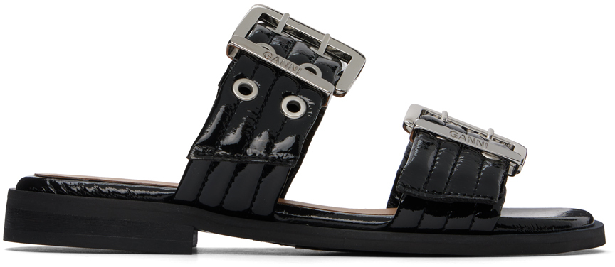 Black Feminine Buckle Two-Strap Sandals