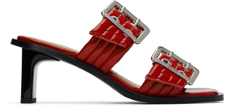 Red Feminine Buckled Mule Heeled Sandals