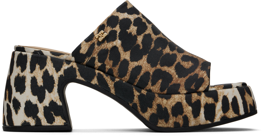 Shop Ganni Brown & Black Leopard Butterfly Platform Satin Heeled Sandals In 943 Leopard