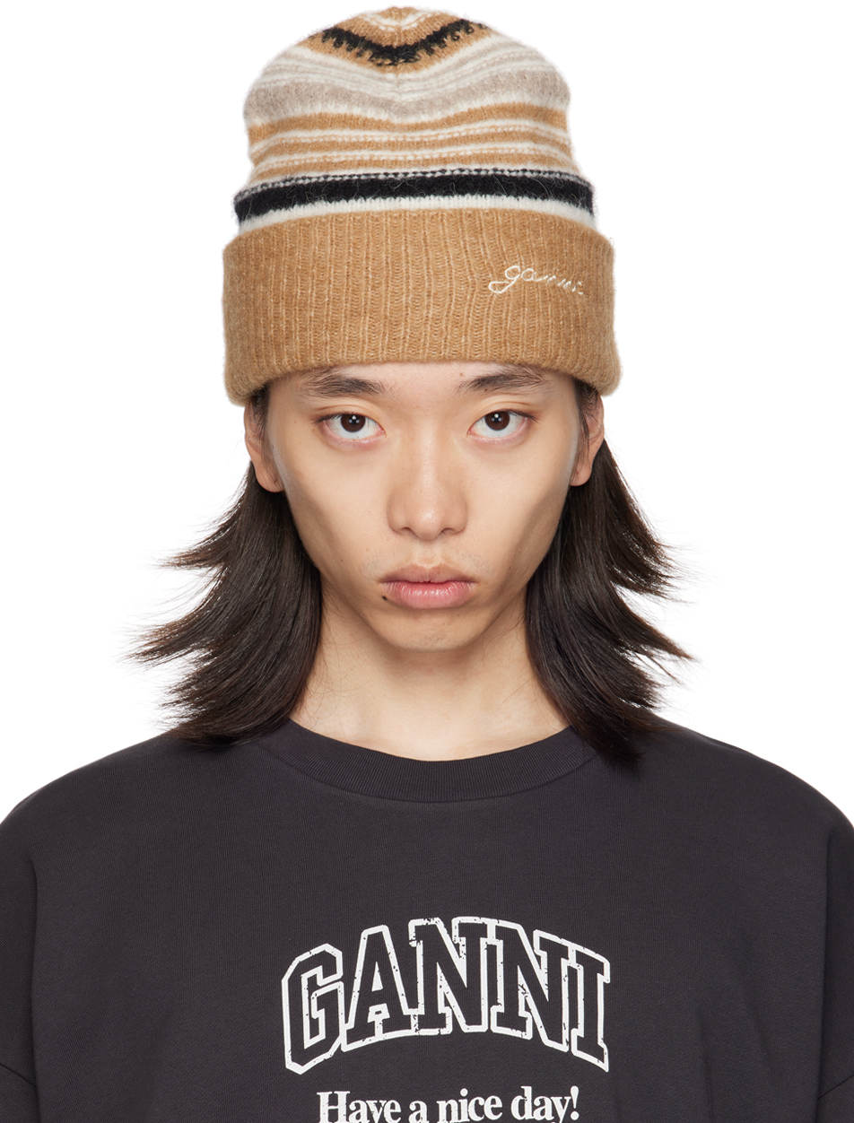 Shop Ganni ブラウン ボーダー ビーニー In Tiger's Eye