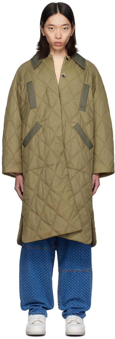 Shop Ganni Khaki Quilted Coat In Kalamata