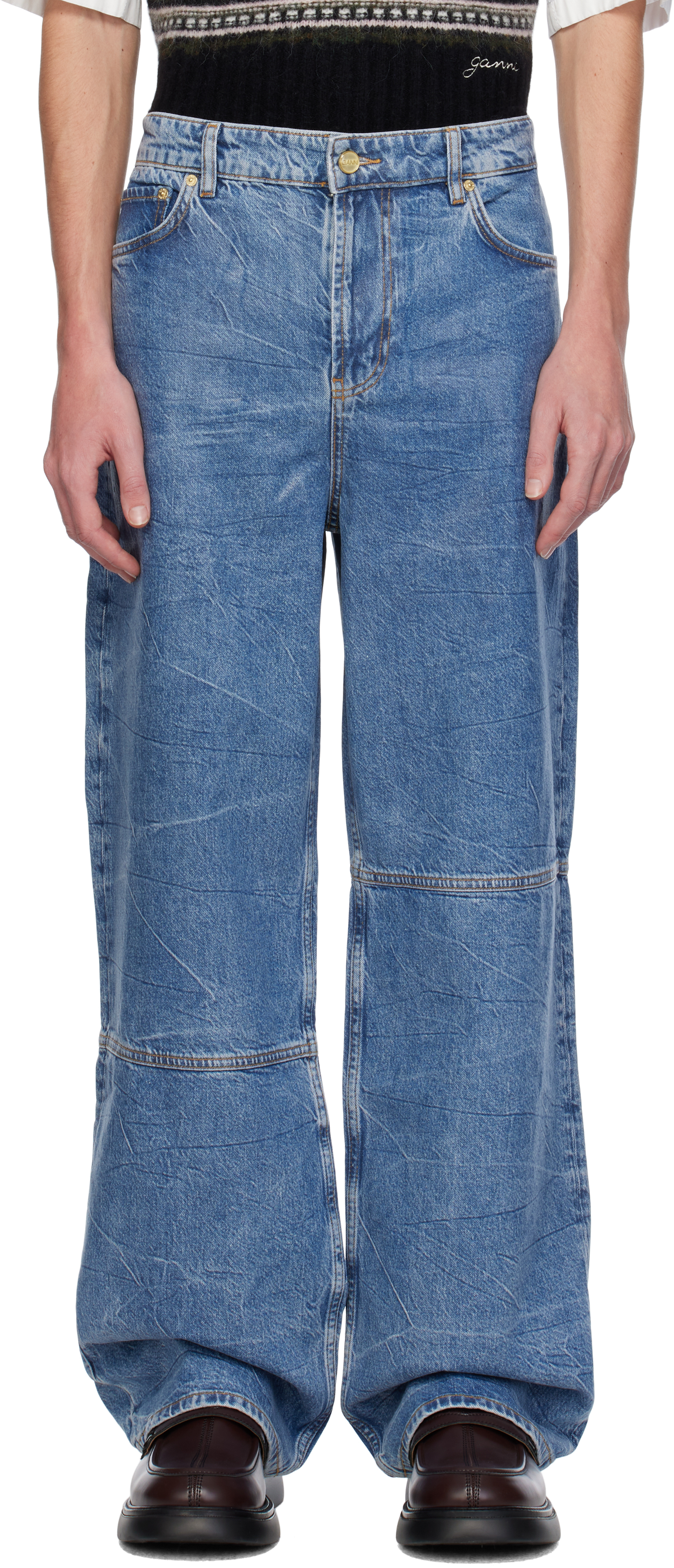 Ganni Blue Foil Izey Jeans In Mid Blue Stone