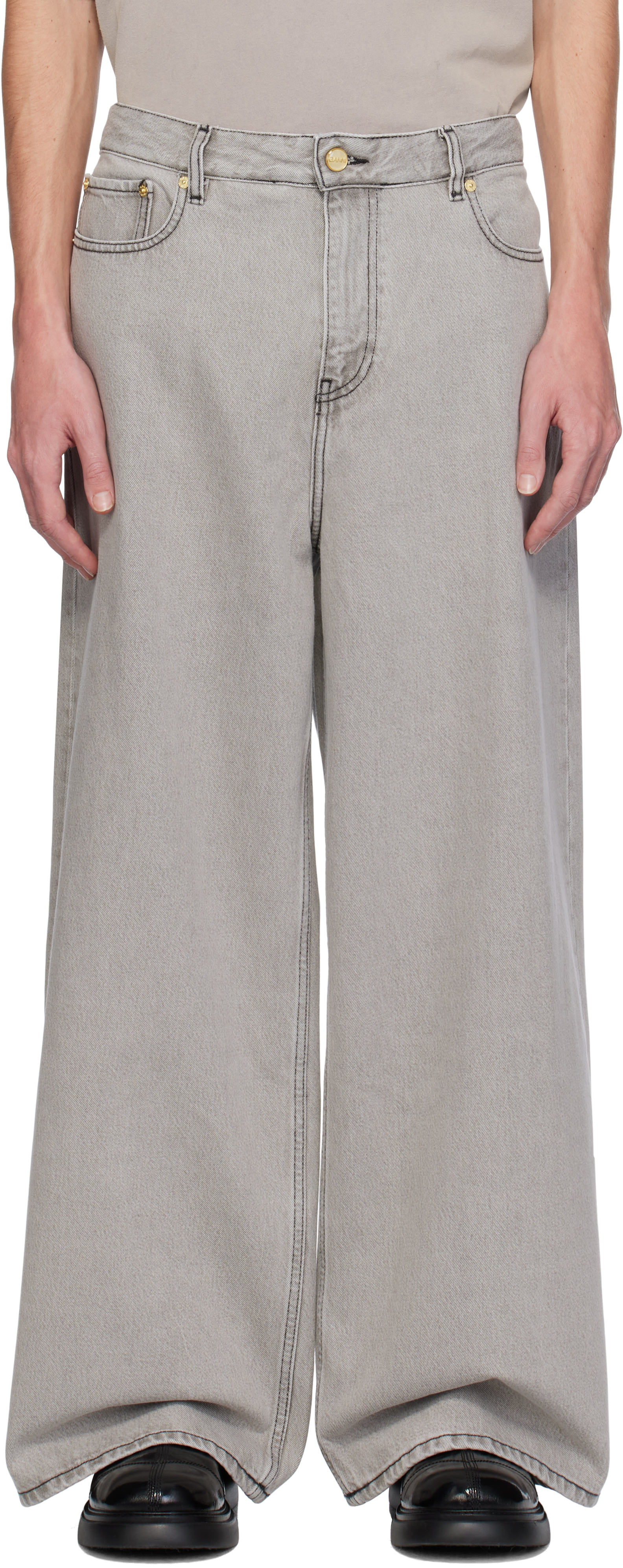 Ganni Gray Future Denim Wide Jeans In Gray Quill