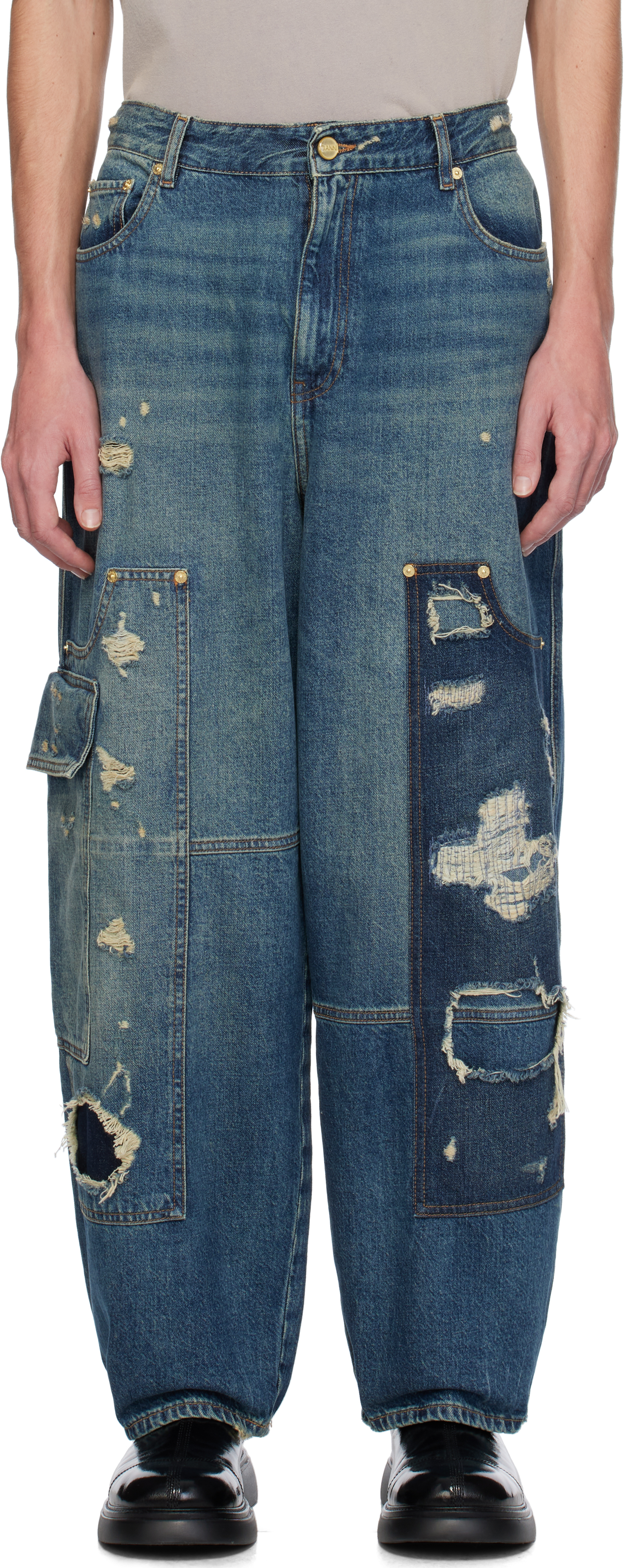 Ganni Blue Heavy Washed Carpenter Jeans In Mid Blue Vintage