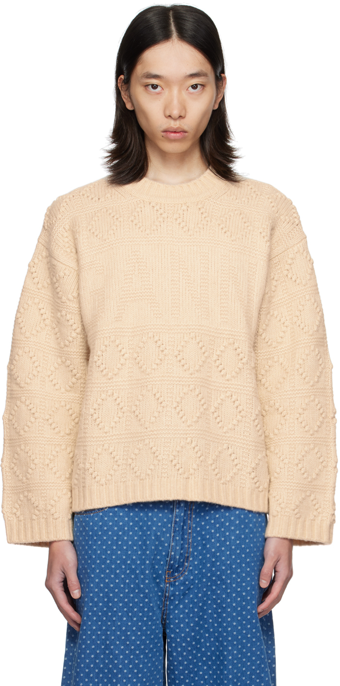 Shop Ganni Beige Wool & Cotton Sweater In Egret