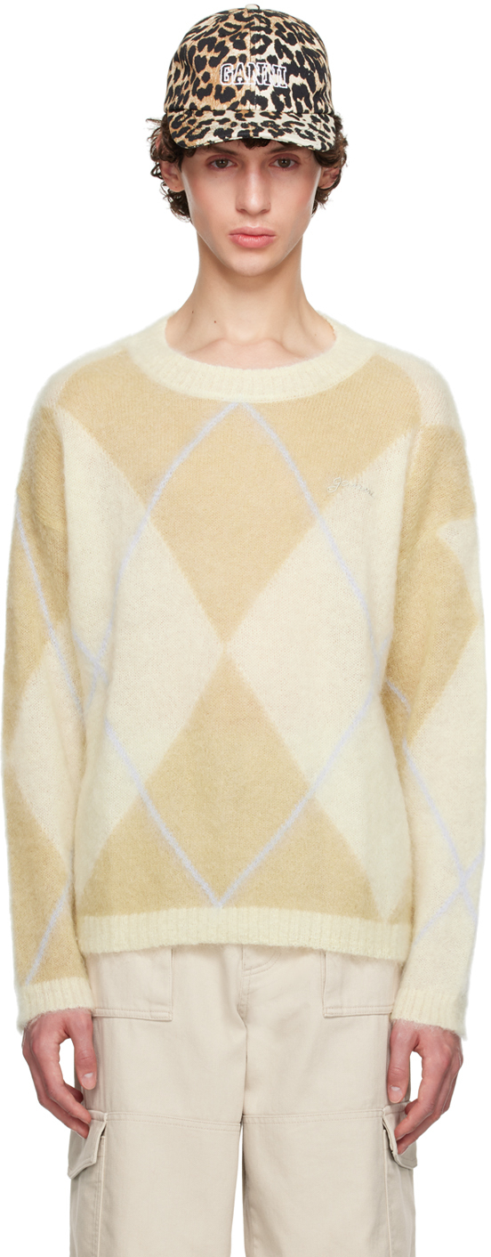 Shop Ganni Beige O-neck Sweater In Multicolour