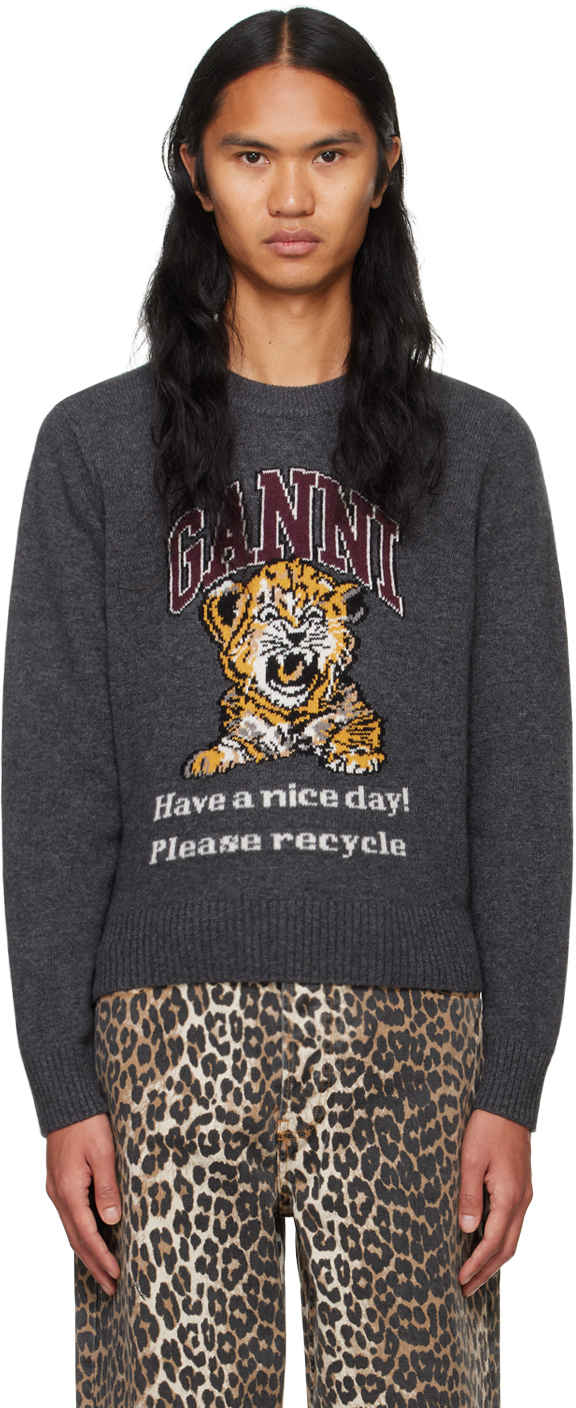 Shop Ganni Gray Graphic Tiger Sweater In Gray Quill