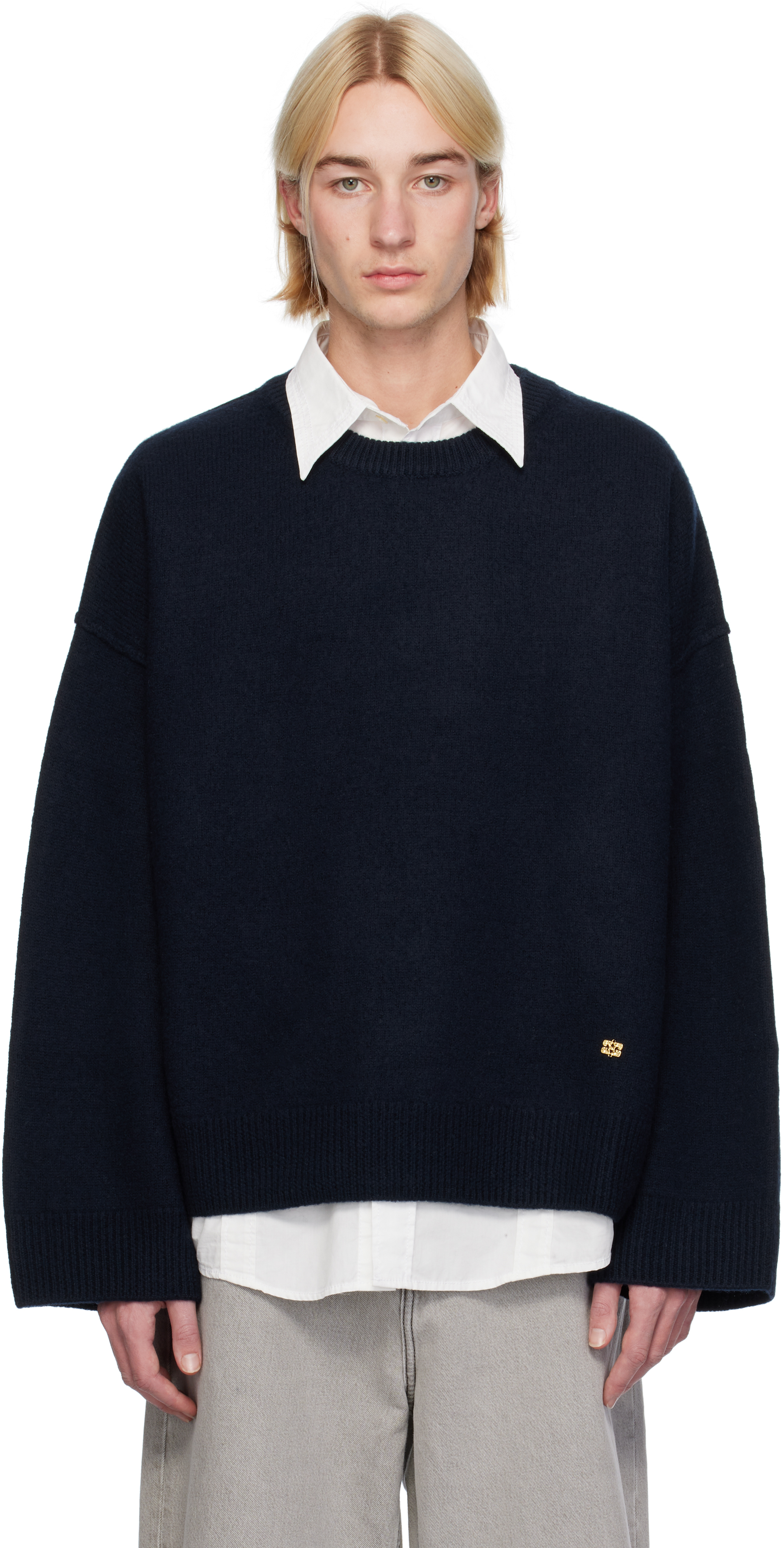 Ganni Navy Wool Sweater In Sky Captain