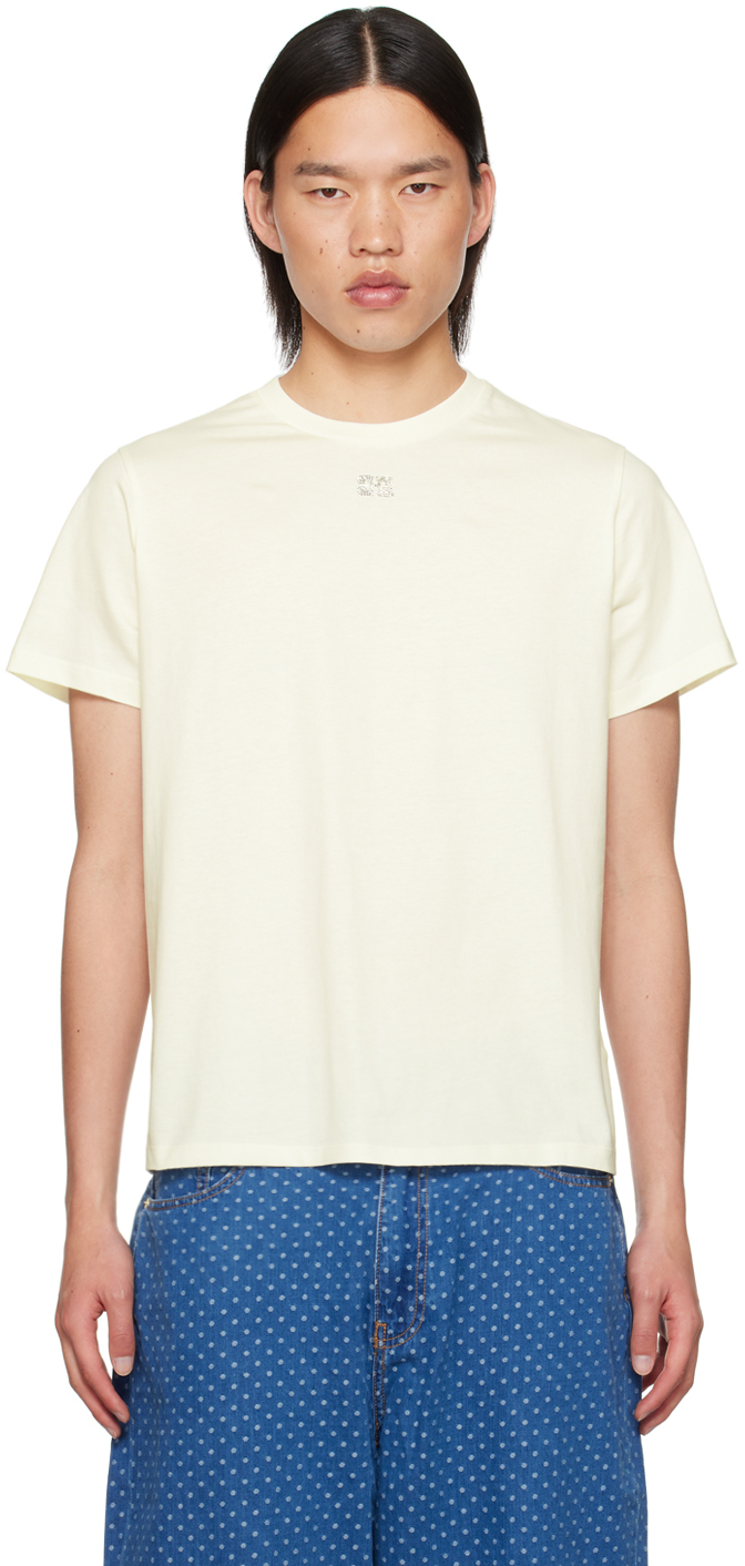 Shop Ganni Off-white Rhinestone T-shirt In Egret