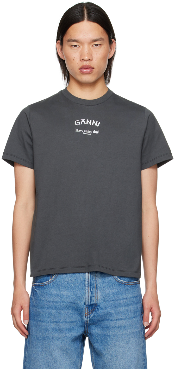 Shop Ganni Gray Printed T-shirt In Volcanic Ash